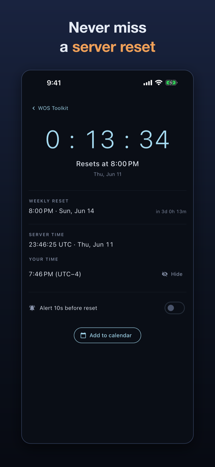 Schermata di Daily Reset con il conto alla rovescia verso il prossimo reset giornaliero e settimanale